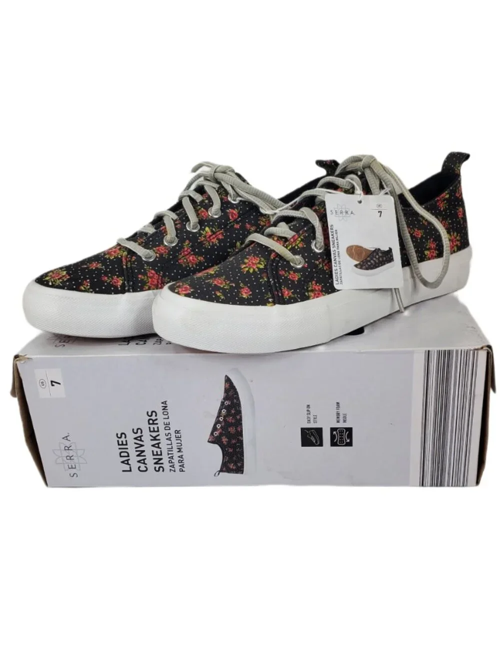 Serra Ladies Black Canvas Sneakers w/ Pink Floral Pattern Polka Dots Size 7 NWT